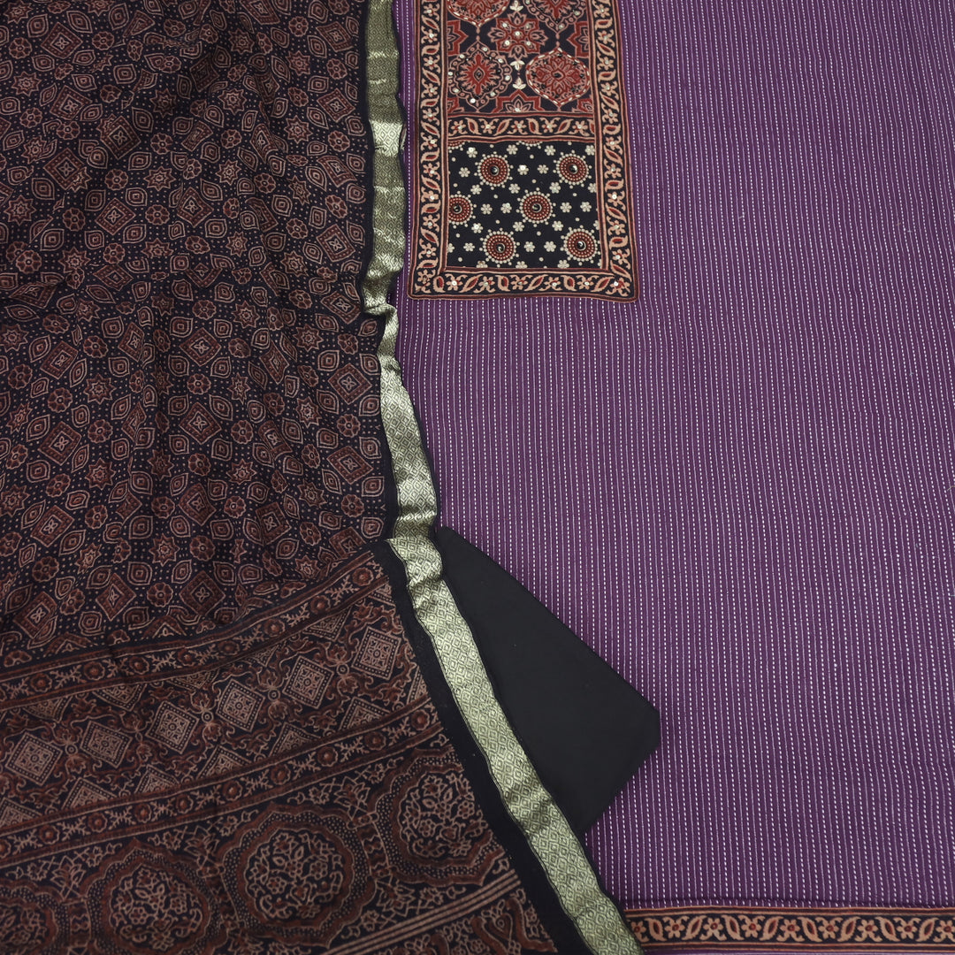 Rushna Plum Purple Ajrak Printed Patch with Kantha Cotton Suit Set