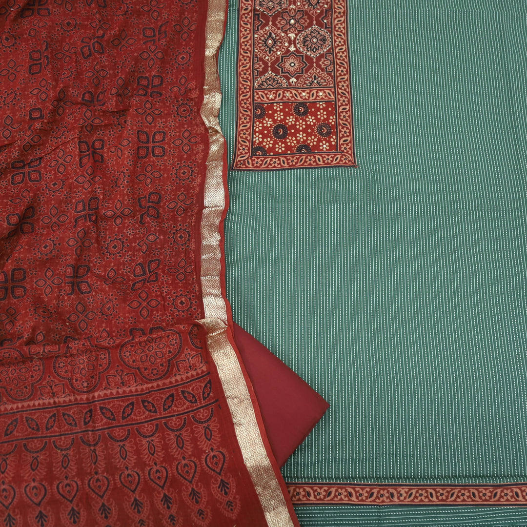 Rushna Basil Green Ajrak Printed Patch with Kantha Cotton Suit Set