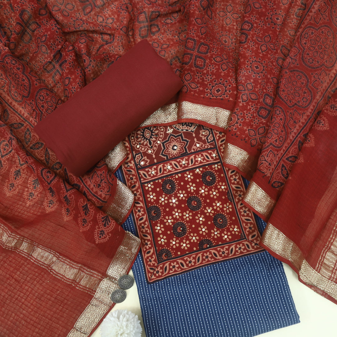 Rushna Denim Blue Ajrak Printed Patch with Kantha Cotton Suit Set