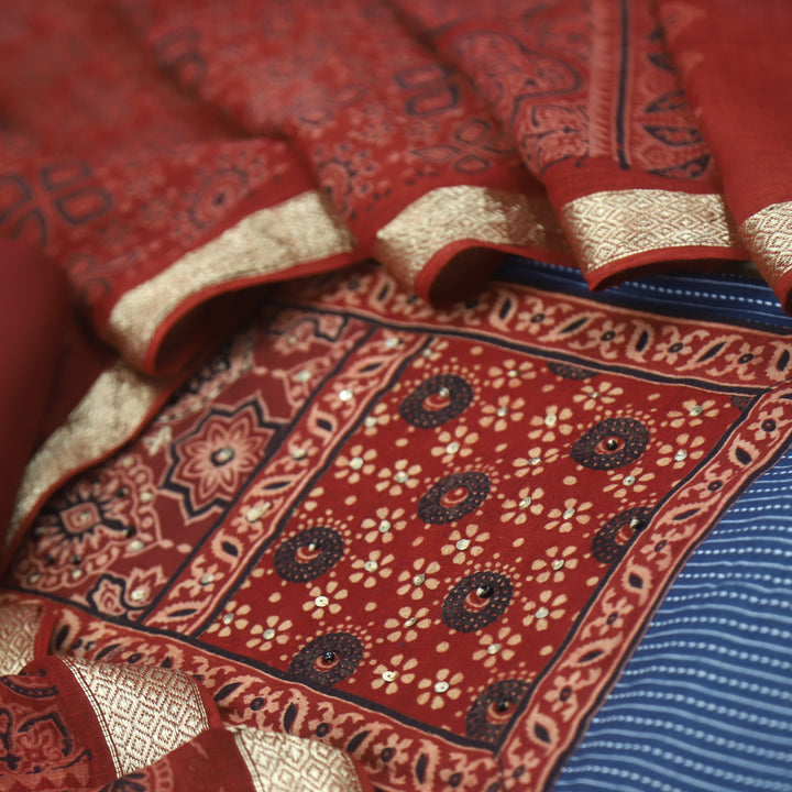 Rushna Denim Blue Ajrak Printed Patch with Kantha Cotton Suit Set
