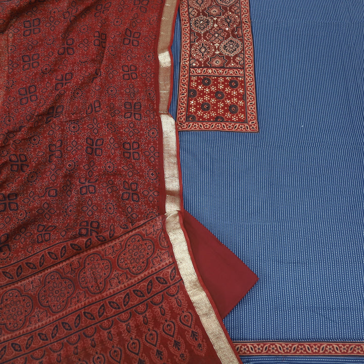 Rushna Denim Blue Ajrak Printed Patch with Kantha Cotton Suit Set