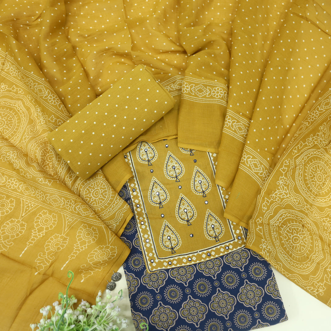 Sukhmani Midnight Blue Patra Work Ajrak Printed Cotton Suit Set