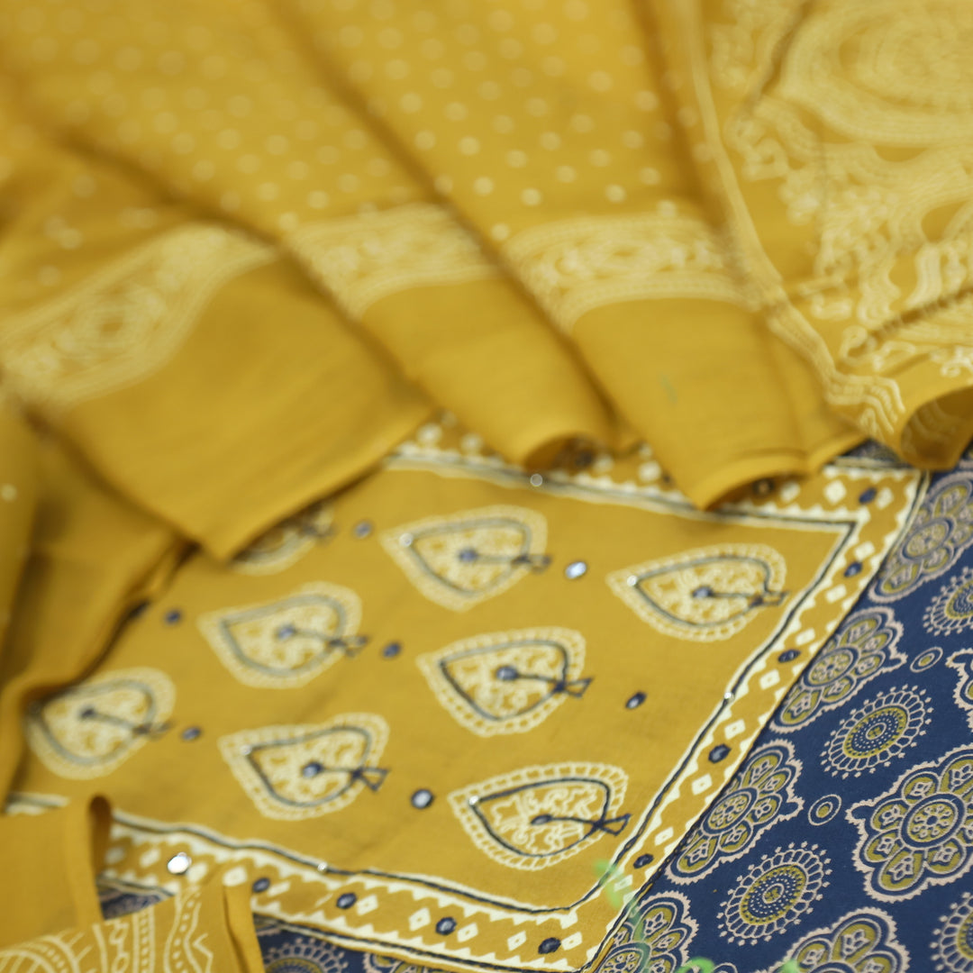 Sukhmani Midnight Blue Patra Work Ajrak Printed Cotton Suit Set