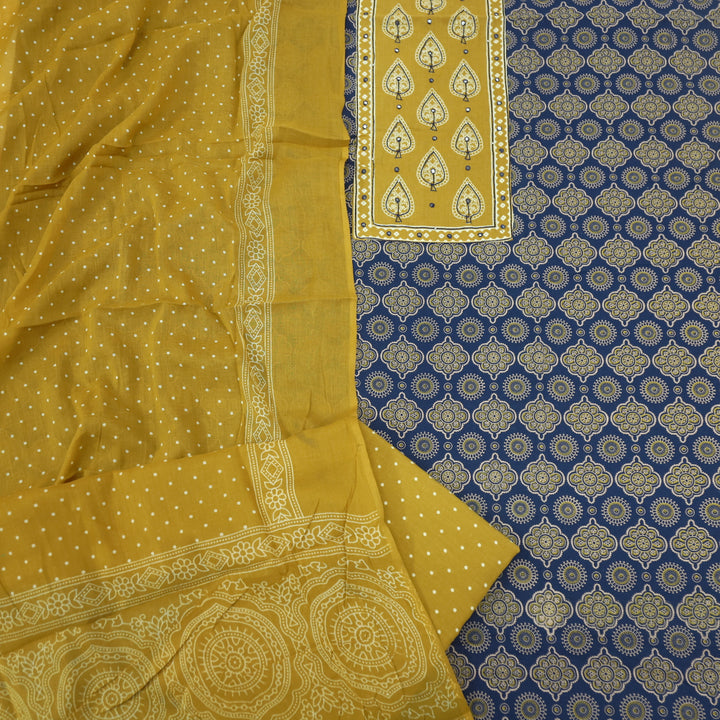 Sukhmani Midnight Blue Patra Work Ajrak Printed Cotton Suit Set