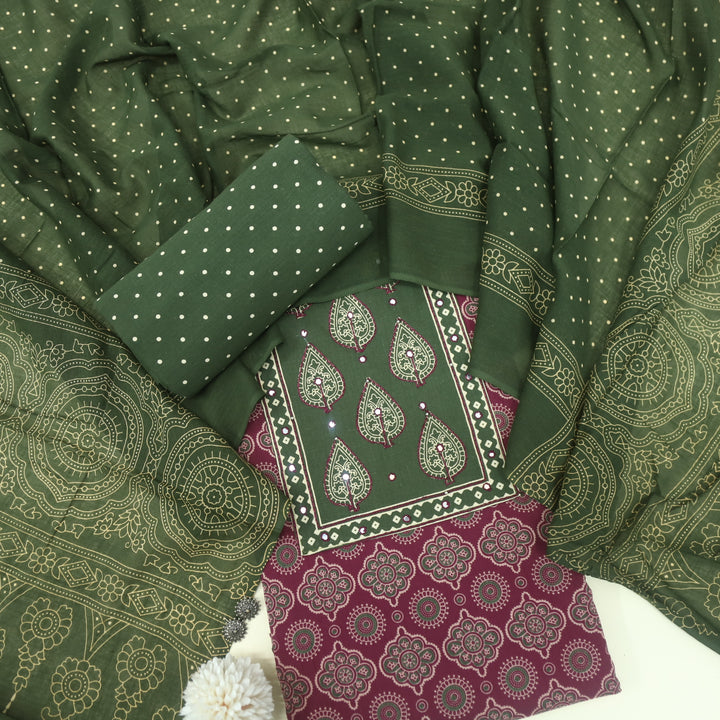 Sukhmani Rouge Pink Patra Work Ajrak Printed Cotton Suit Set