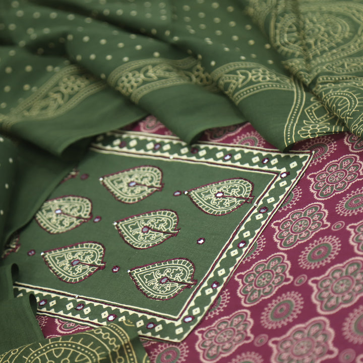 Sukhmani Rouge Pink Patra Work Ajrak Printed Cotton Suit Set