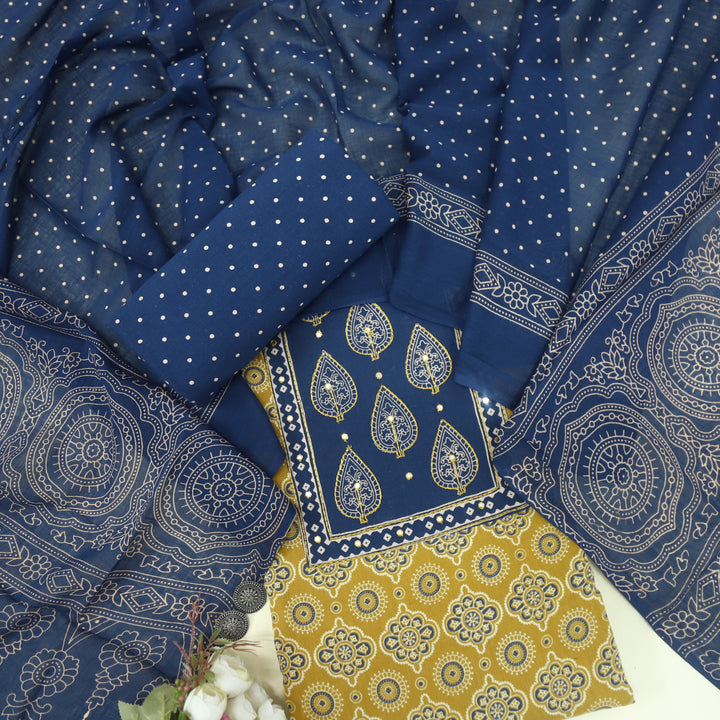 Sukhmani Dijon Yellow Patra Work Ajrak Printed Cotton Suit Set