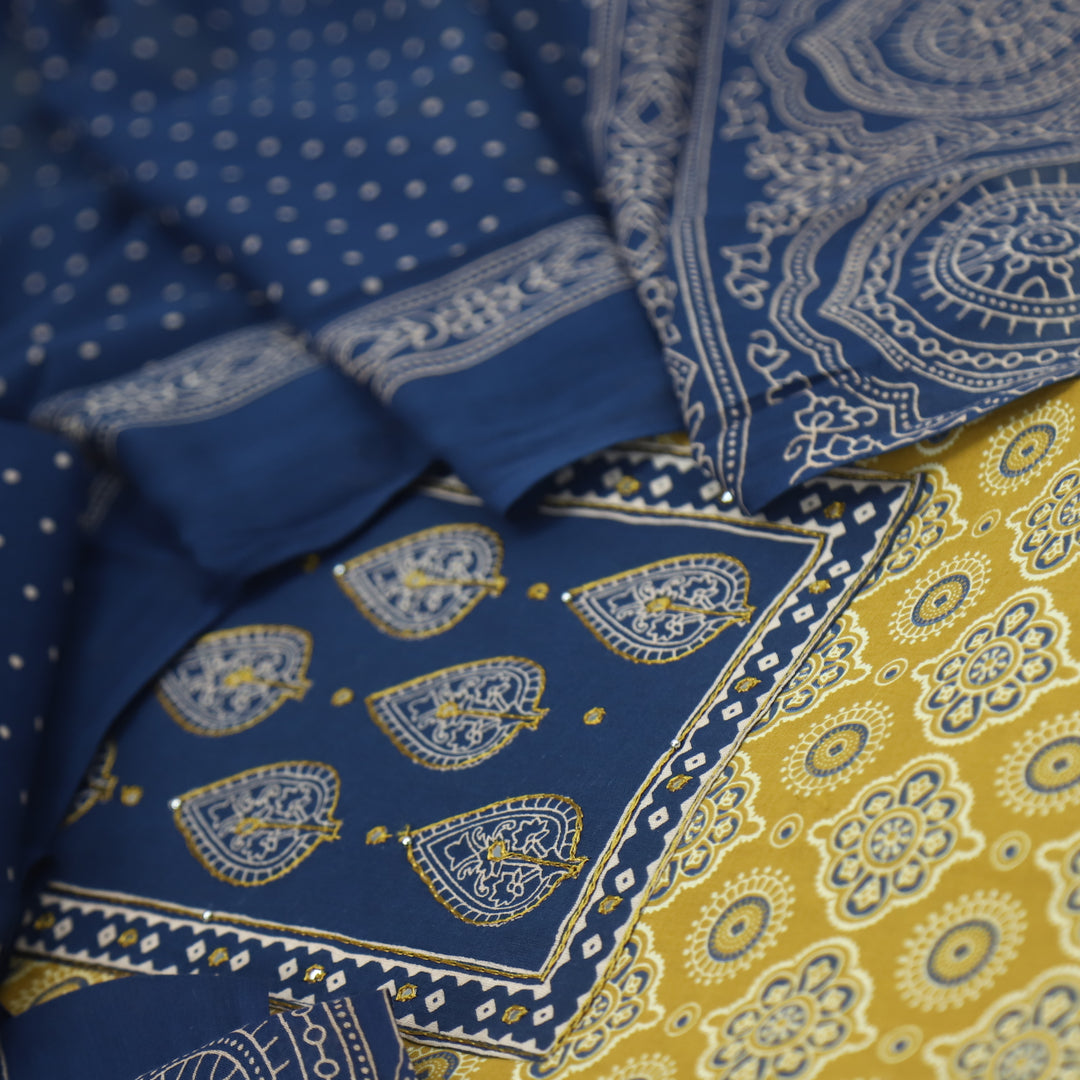 Sukhmani Dijon Yellow Patra Work Ajrak Printed Cotton Suit Set
