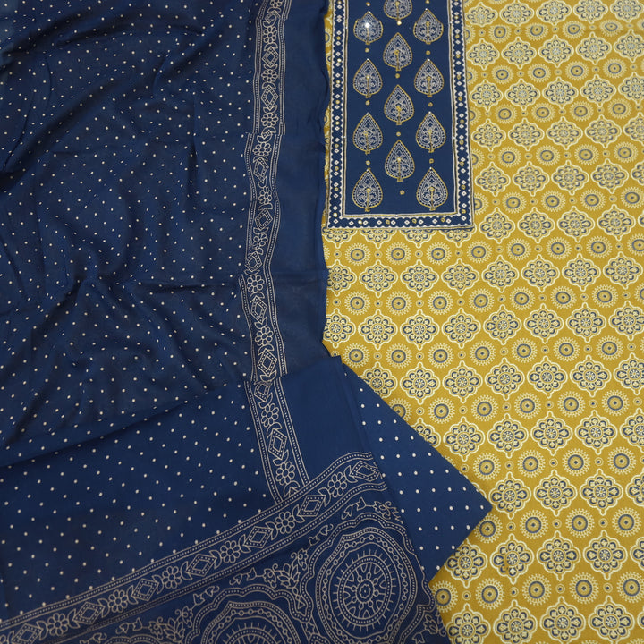 Sukhmani Dijon Yellow Patra Work Ajrak Printed Cotton Suit Set