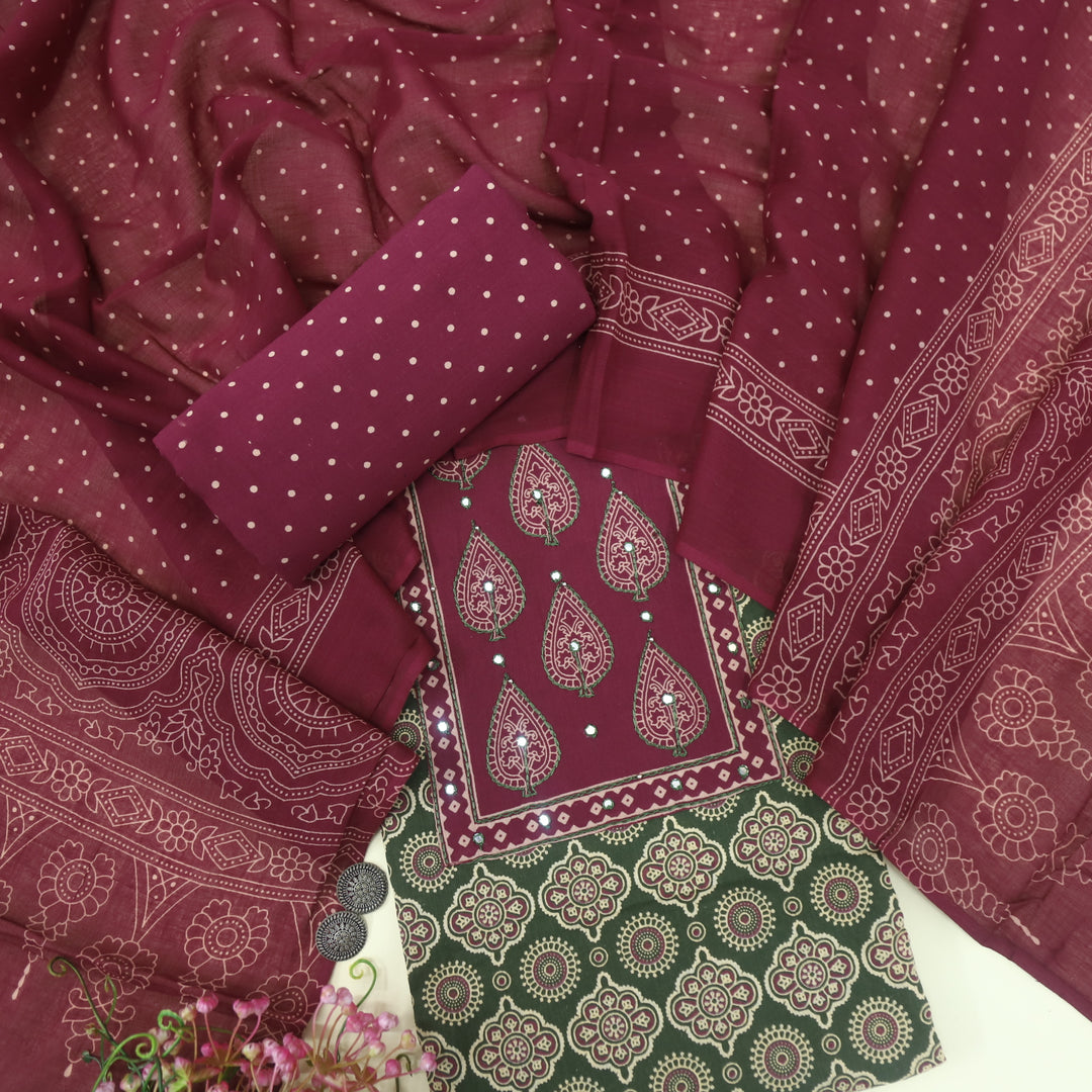 Sukhmani Pine Green Patra Work Ajrak Printed Cotton Suit Set