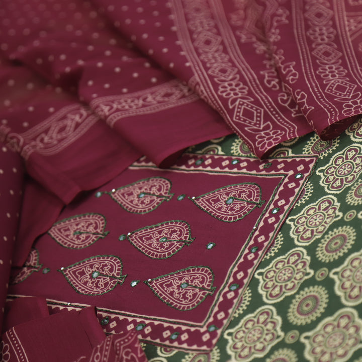 Sukhmani Pine Green Patra Work Ajrak Printed Cotton Suit Set