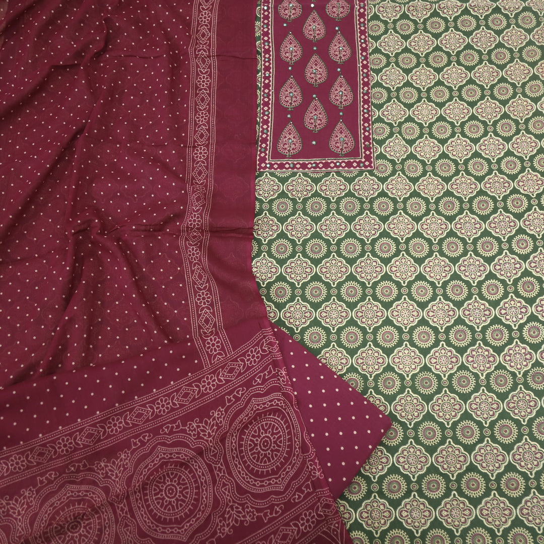Sukhmani Pine Green Patra Work Ajrak Printed Cotton Suit Set