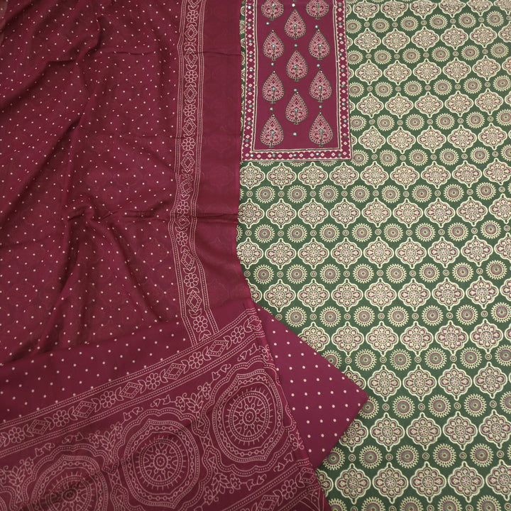 Sukhmani Pine Green Patra Work Ajrak Printed Cotton Suit Set