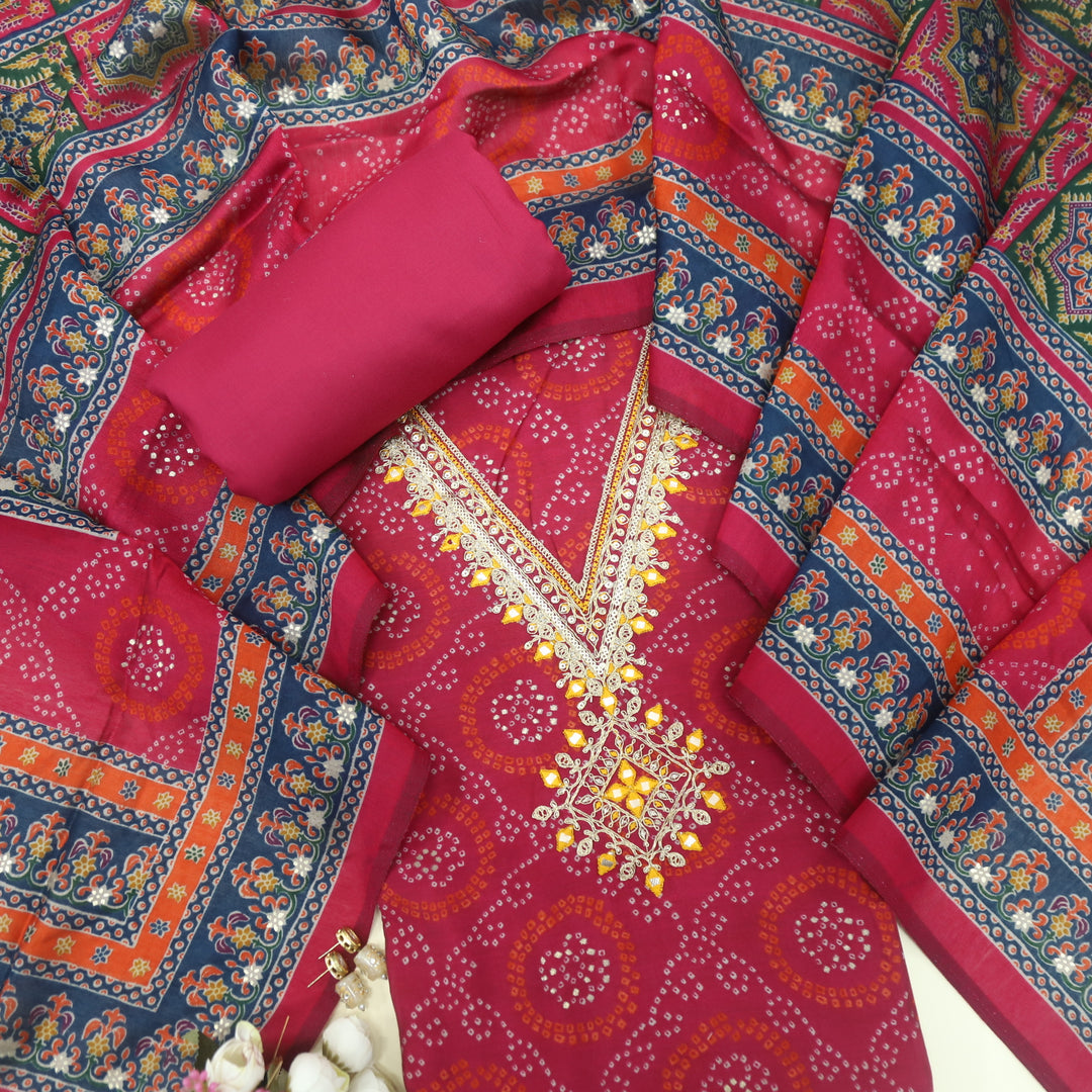 Ehtiyaat Ruby Pink V Neck Embellished Modal Top With Cotton Silk Dupatta