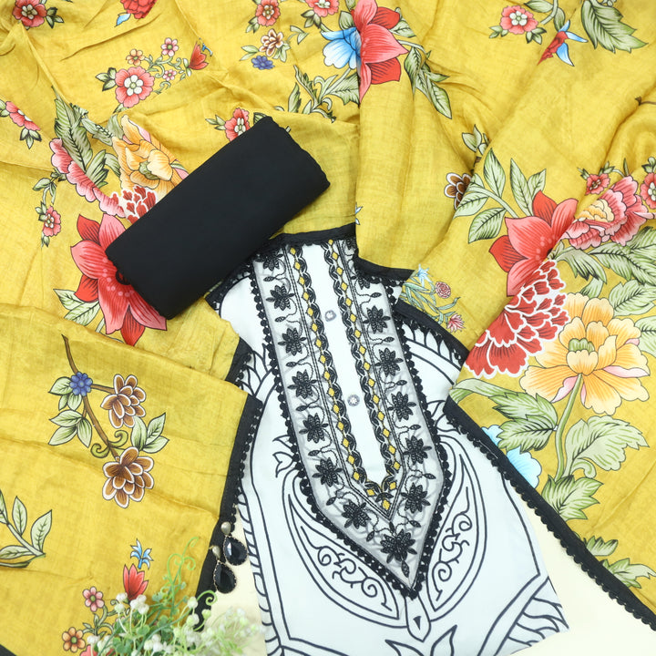 Rubaiyat Pearl White Pakistani Style Inspired Printed Muslin Suit Set