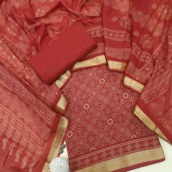 Ruhani Red Printed with Mangalgiri Hem Jam Cotton Top Suit Set
