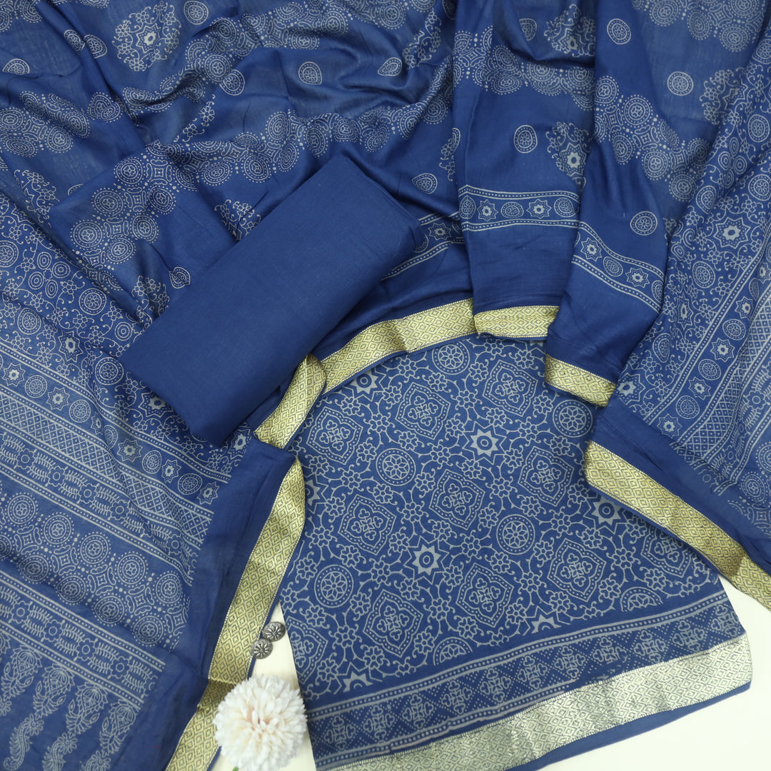 Ruhani Blue Printed with Mangalgiri Hem Jam Cotton Top Suit Set