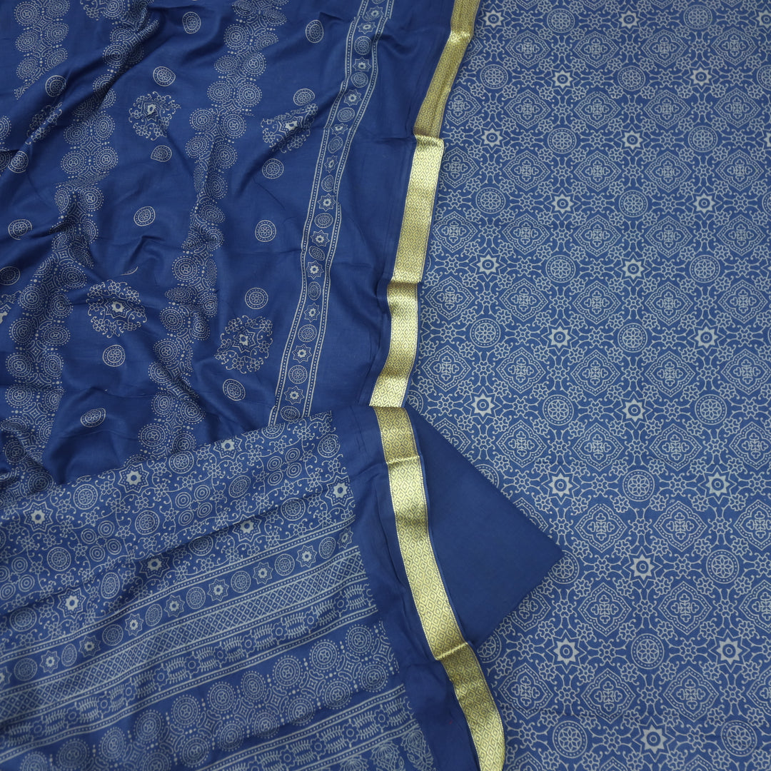 Ruhani Blue Printed with Mangalgiri Hem Jam Cotton Top Suit Set