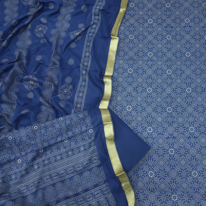 Ruhani Blue Printed with Mangalgiri Hem Jam Cotton Top Suit Set