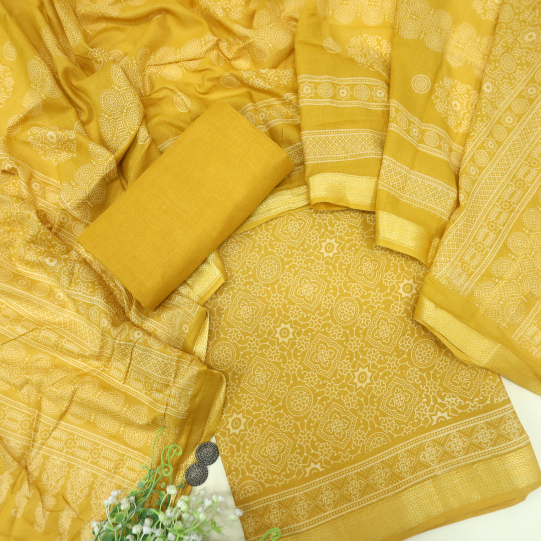 Ruhani Yellow Printed with Mangalgiri Hem Jam Cotton Top Suit Set