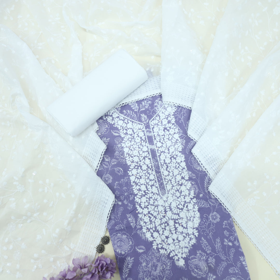 Baseerat Lilac Purple Thread Work Cotton Top with Cotton Dupatta-D2