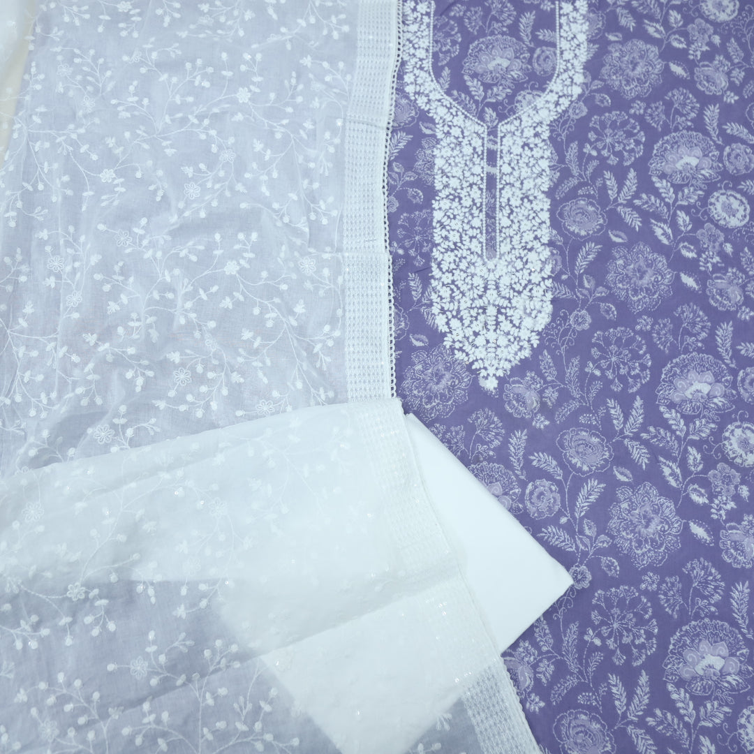 Baseerat Lilac Purple Thread Work Cotton Top with Cotton Dupatta-D2