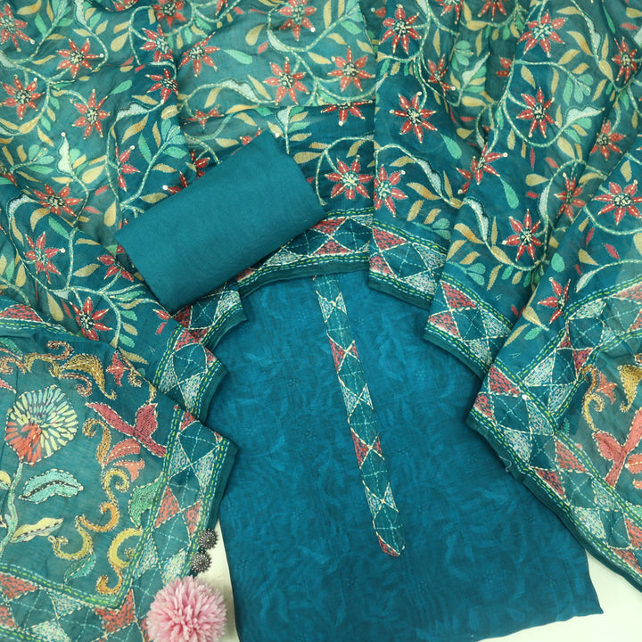 Kanyakumari Cerulean Teal Blue Embroidered Neck with Kantha Work Dupatta