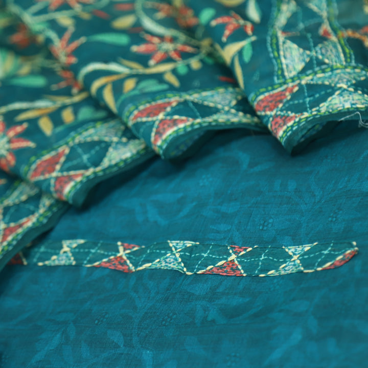 Kanyakumari Cerulean Teal Blue Embroidered Neck with Kantha Work Dupatta