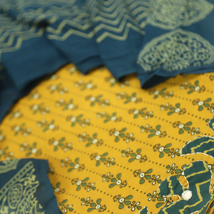 Patang Canary Yellow Applique Work with Ajrak Print Cotton Suit Set