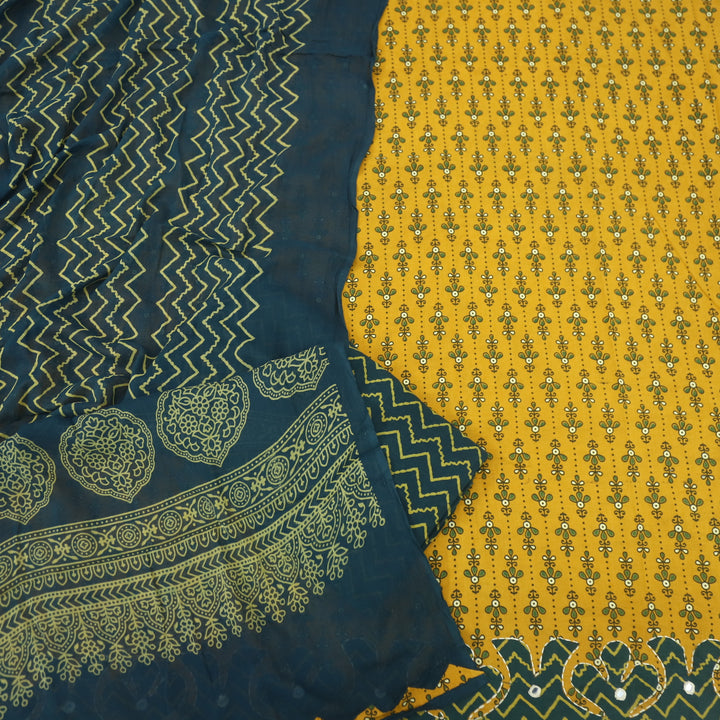 Patang Canary Yellow Applique Work with Ajrak Print Cotton Suit Set