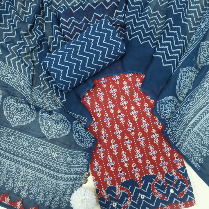 Patang Apple Red Applique Work with Ajrak Print Cotton Suit Set