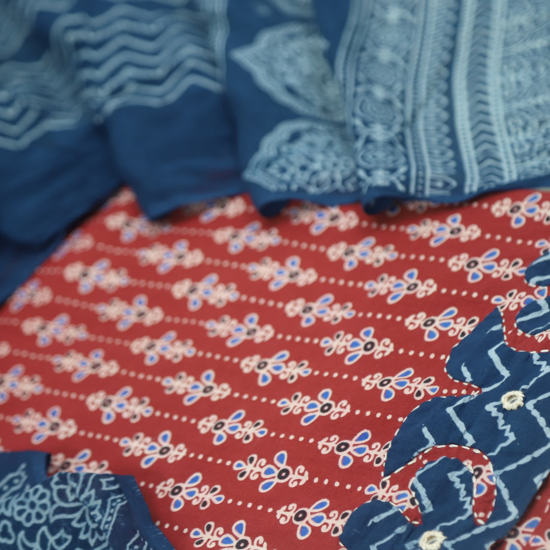 Patang Apple Red Applique Work with Ajrak Print Cotton Suit Set