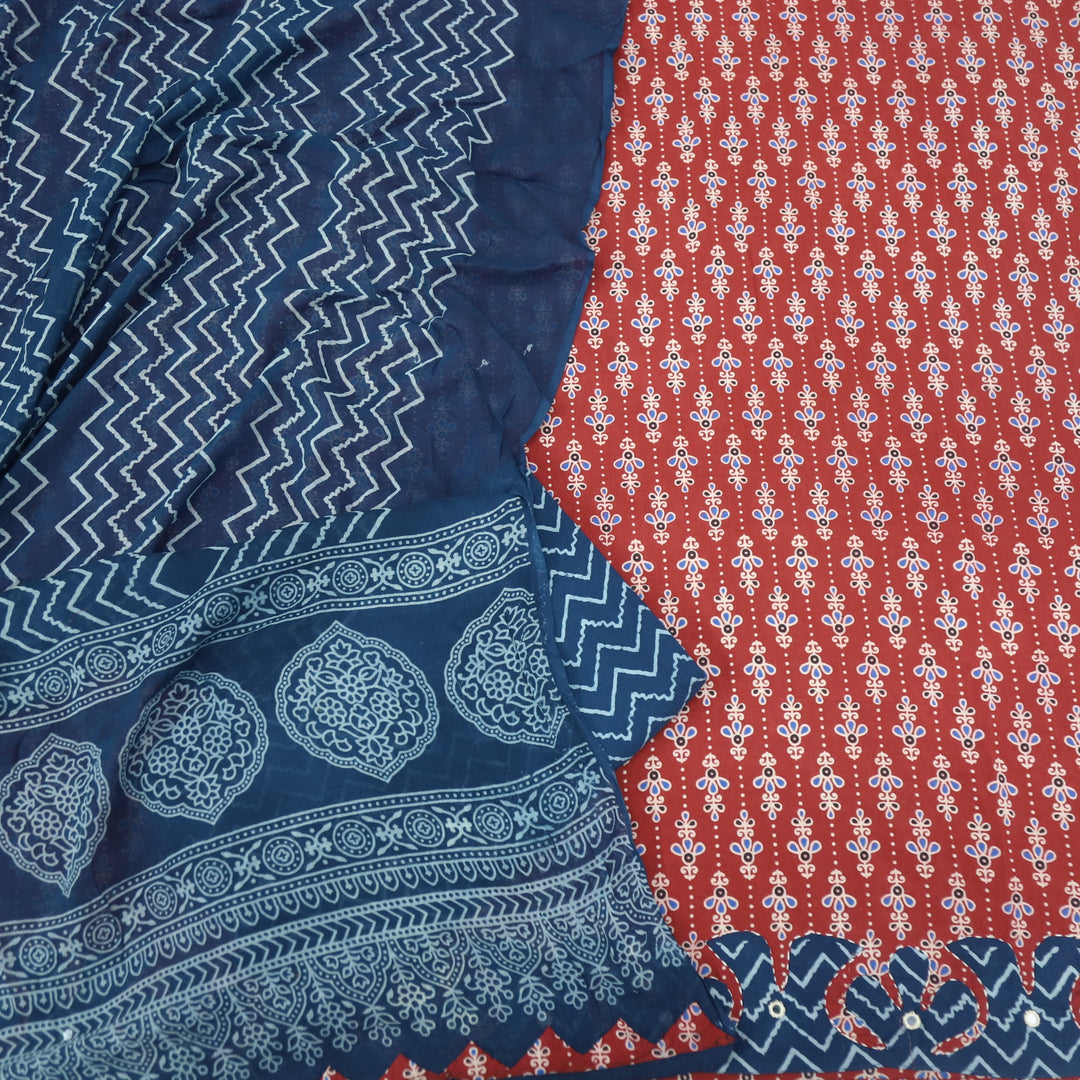 Patang Apple Red Applique Work with Ajrak Print Cotton Suit Set