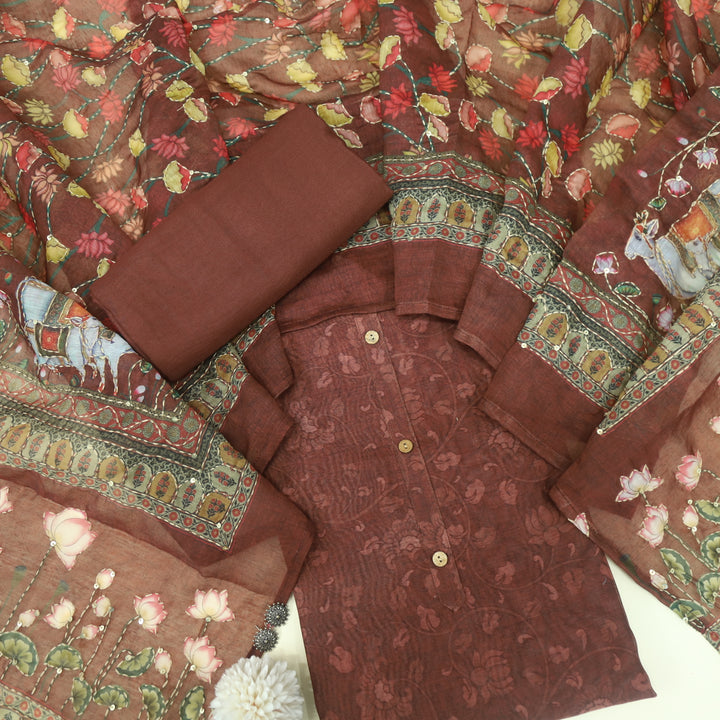 Kohinoor Dark Barn Brown Floral Pichwai Print Chanderi Suit Set