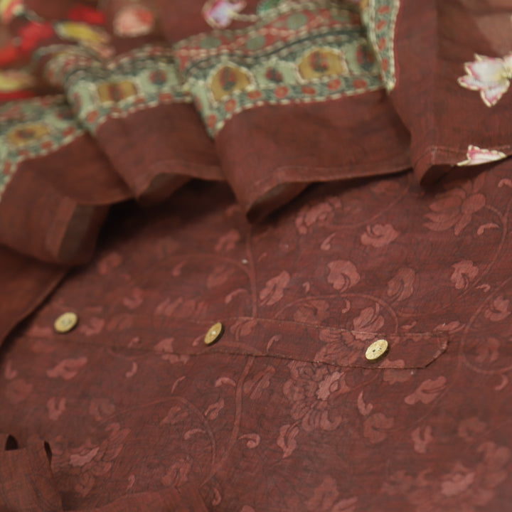 Kohinoor Dark Barn Brown Floral Pichwai Print Chanderi Suit Set
