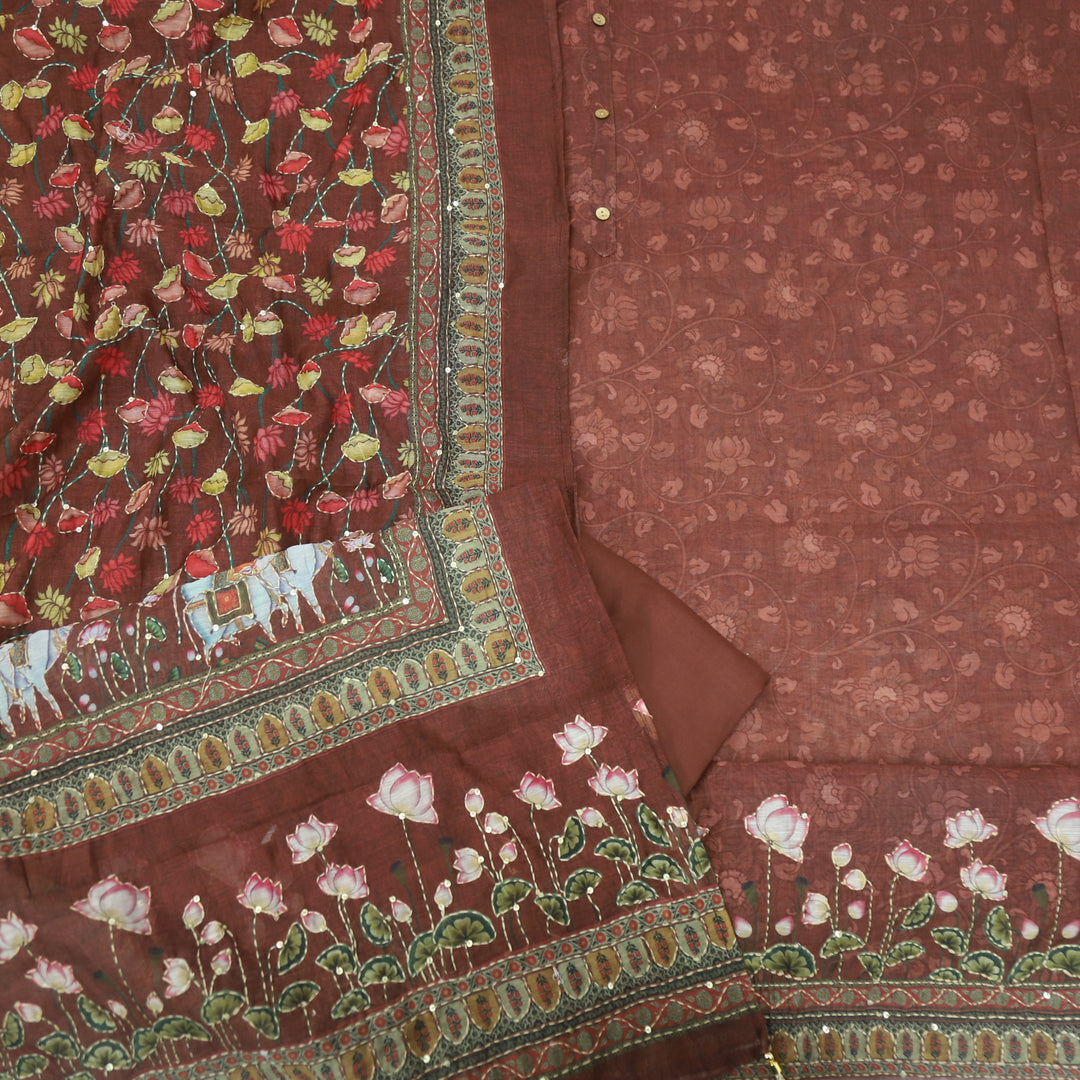 Kohinoor Dark Barn Brown Floral Pichwai Print Chanderi Suit Set
