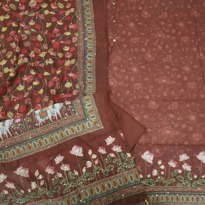 Kohinoor Dark Barn Brown Floral Pichwai Print Chanderi Suit Set