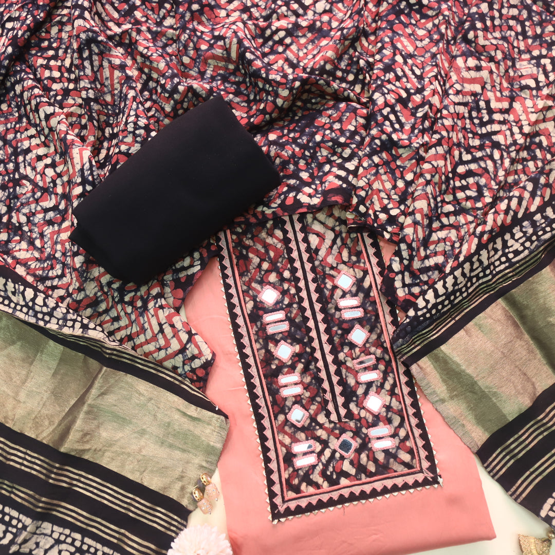 Keher Peach Pink Mirror Work Cotton Top Suit with Gajji Silk Dupatta