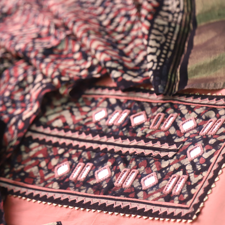 Keher Peach Pink Mirror Work Cotton Top Suit with Gajji Silk Dupatta
