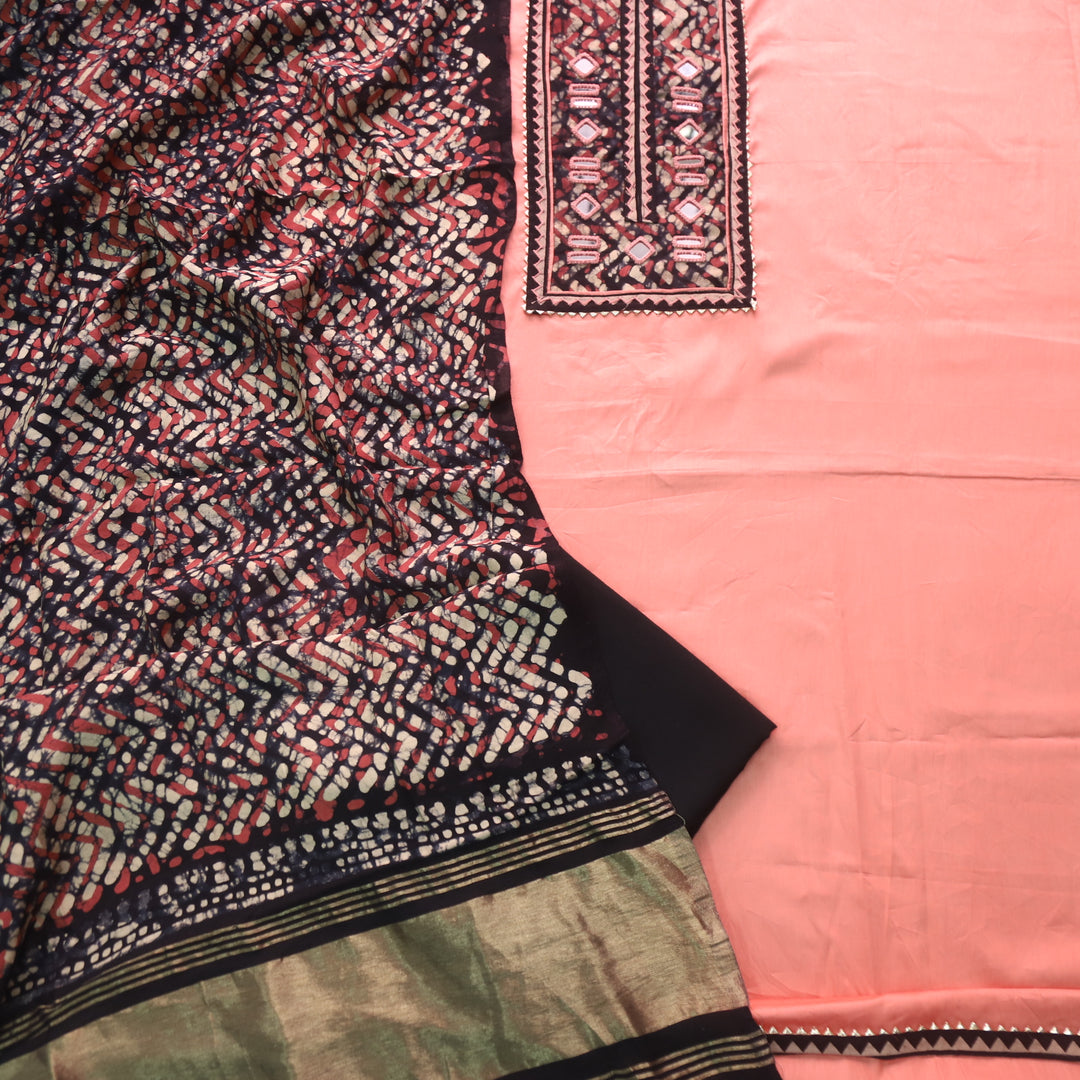 Keher Peach Pink Mirror Work Cotton Top Suit with Gajji Silk Dupatta