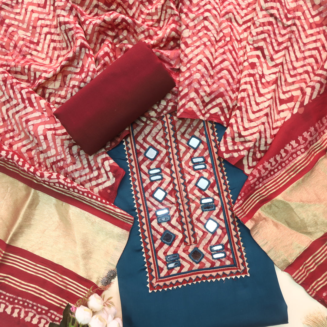 Keher Denim Blue Mirror Work Cotton Top Suit with Gajji Silk Dupatta
