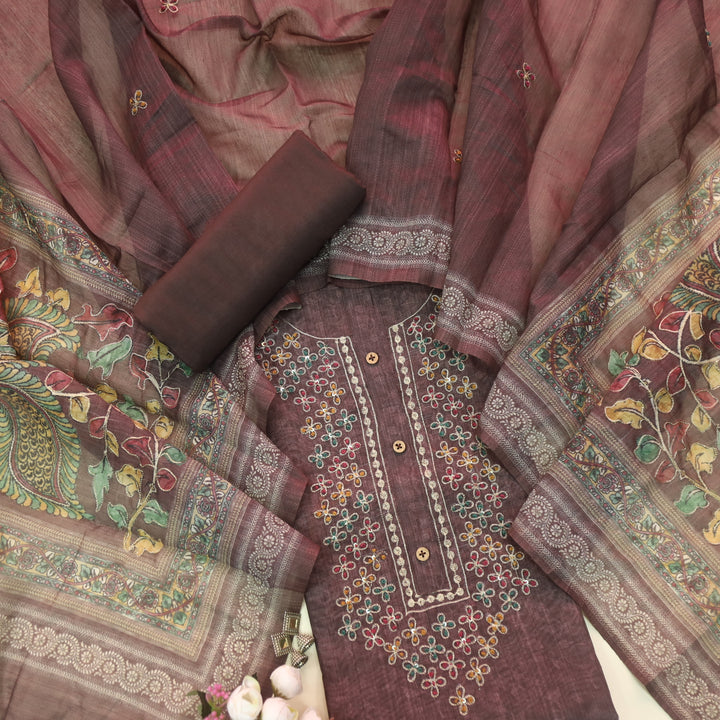 Ittar Chocolate Brown Chain Style Zari Work Neck Chanderi Suit Set