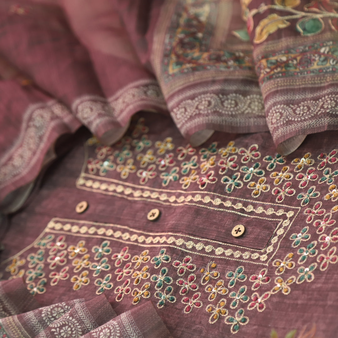 Ittar Chocolate Brown Chain Style Zari Work Neck Chanderi Suit Set