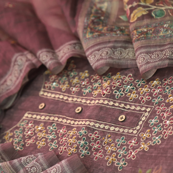 Ittar Chocolate Brown Chain Style Zari Work Neck Chanderi Suit Set