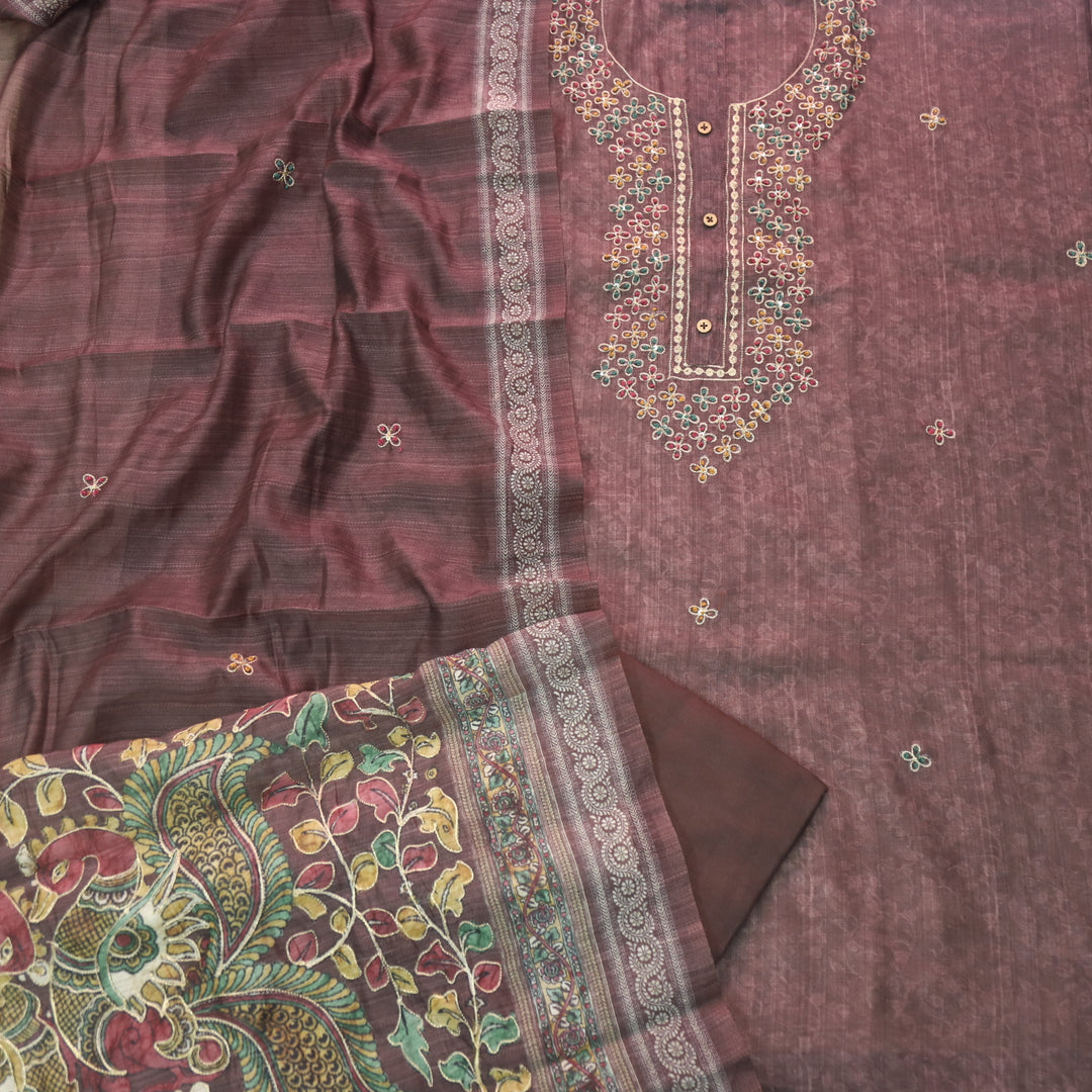 Ittar Chocolate Brown Chain Style Zari Work Neck Chanderi Suit Set