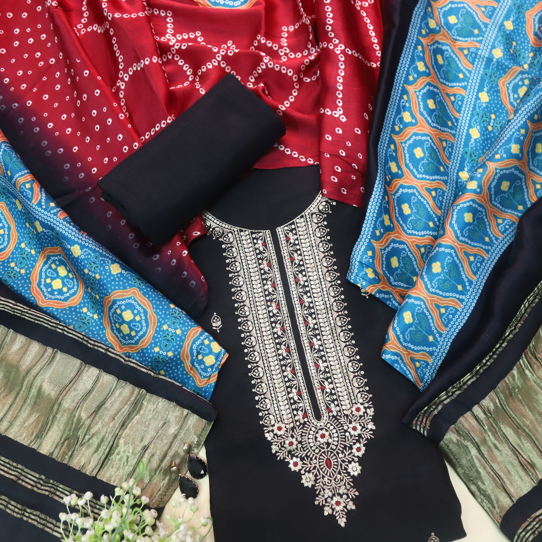 Soundarya Greasy Black Zari Work Designer Neck Dola Silk Suit Set