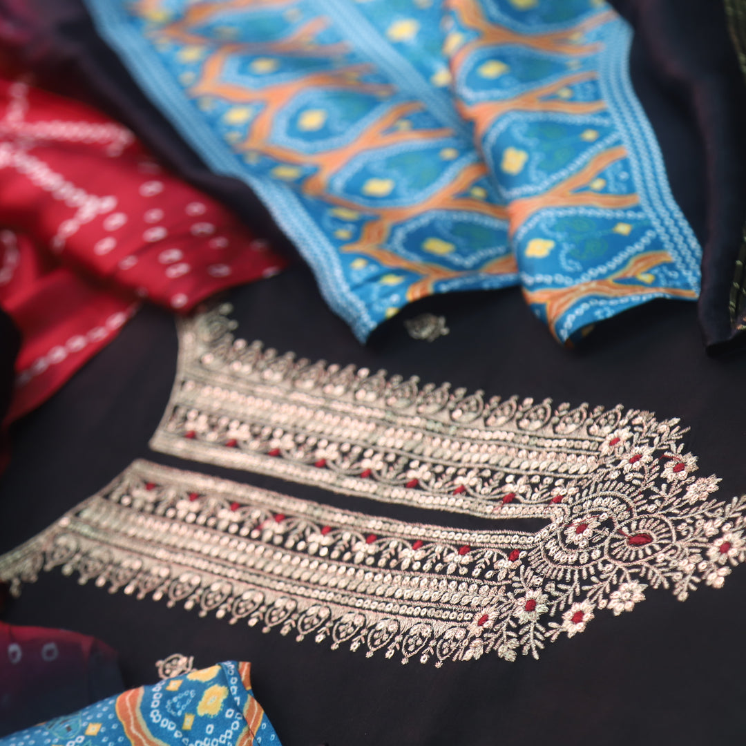Soundarya Greasy Black Zari Work Designer Neck Dola Silk Suit Set
