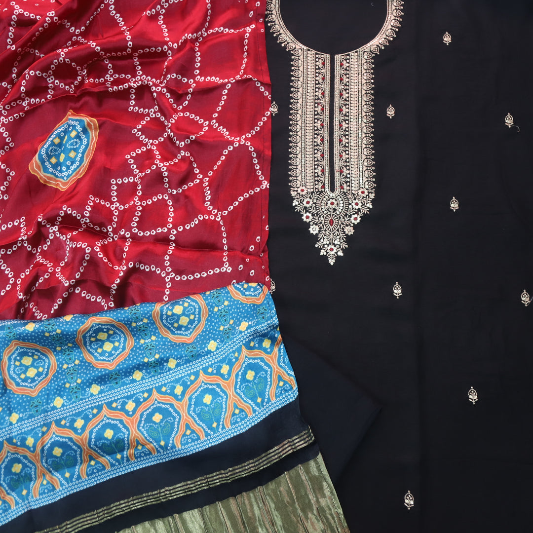 Soundarya Greasy Black Zari Work Designer Neck Dola Silk Suit Set