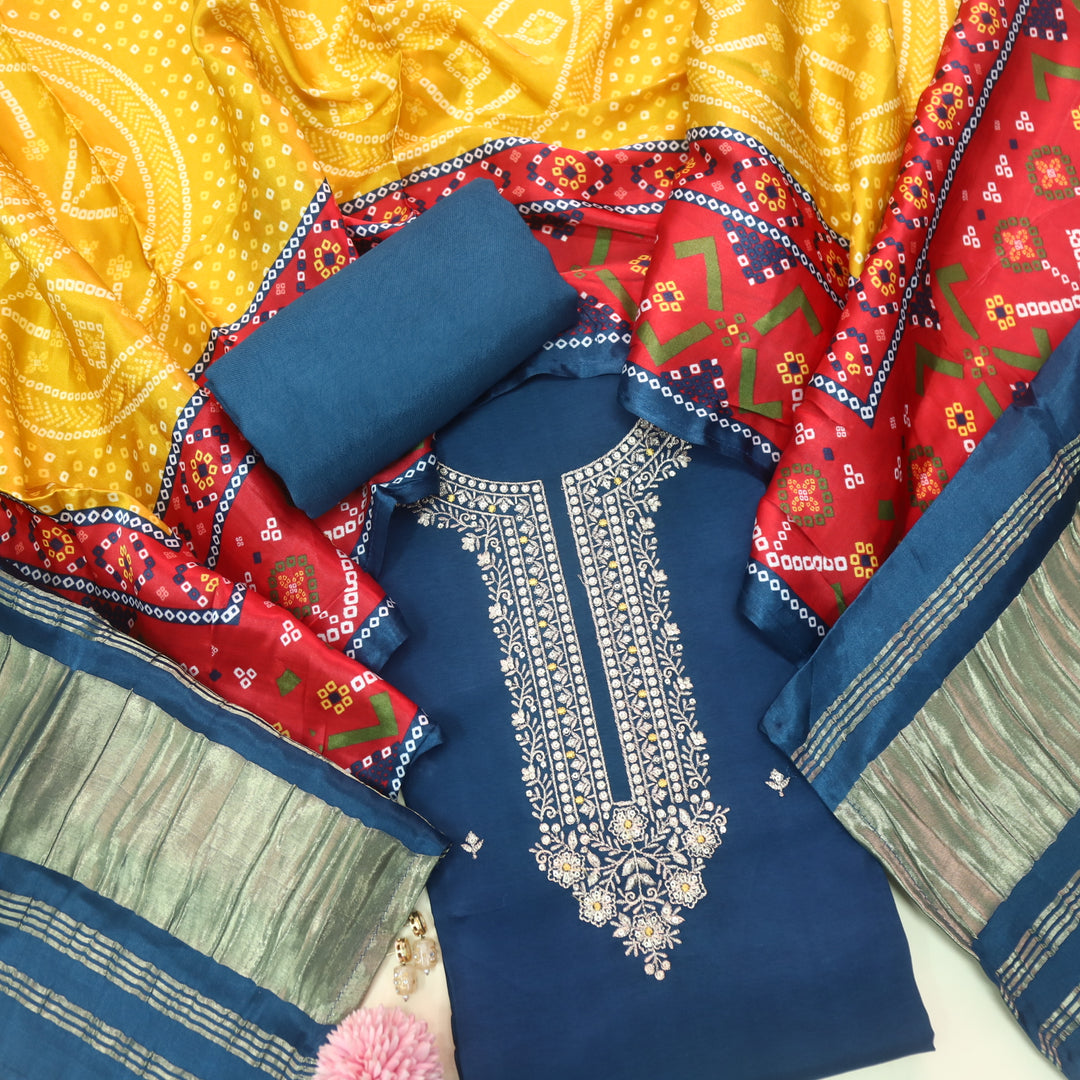 Soundarya Cerulean Blue Zari Work Designer Neck Dola Silk Suit Set