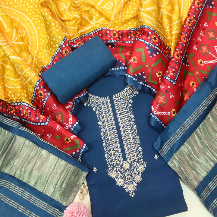 Soundarya Cerulean Blue Zari Work Designer Neck Dola Silk Suit Set